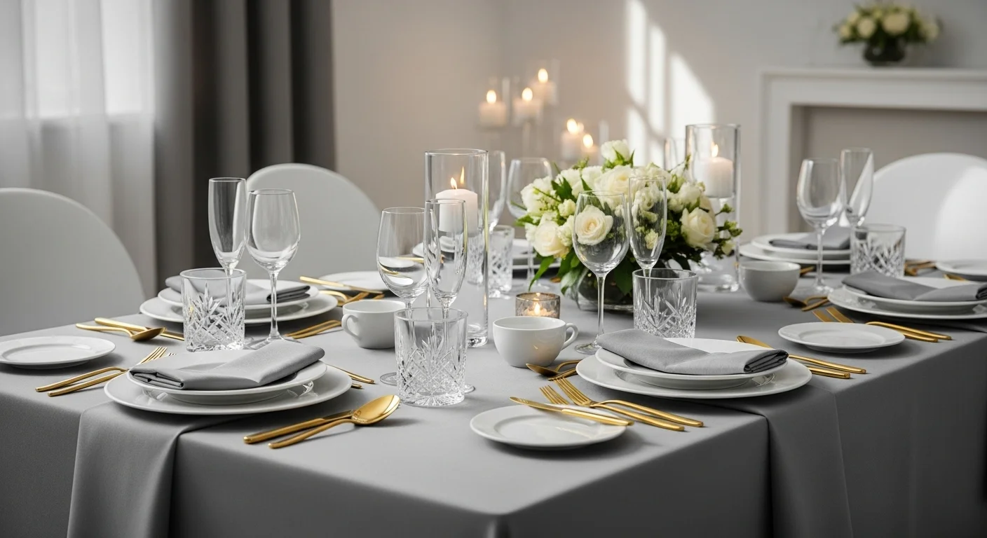 Mesa elegantemente montada para un evento con vajilla de renta de porcelana blanca, copas de cristal y cubertería dorada sobre un mantel de lino gris.