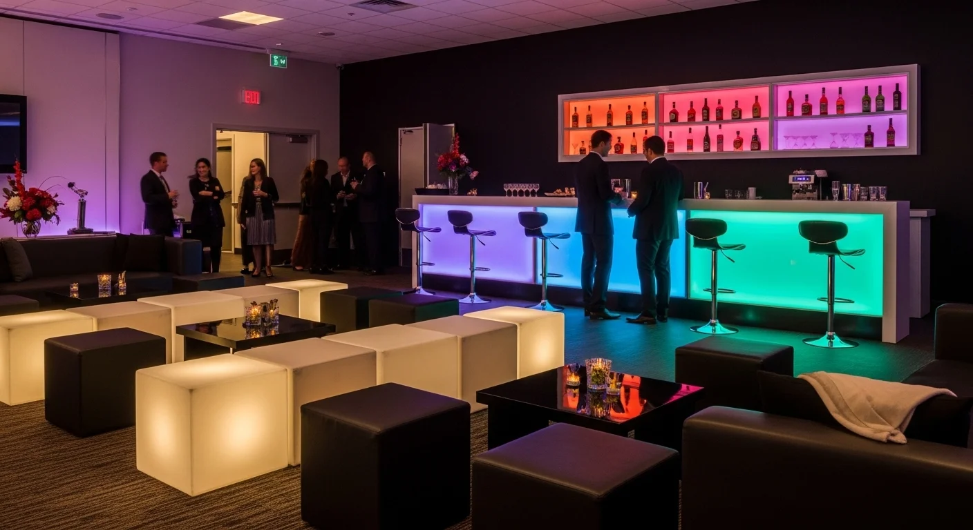 Mobiliario lounge con iluminación LED de colores, incluyendo cubos y una barra de bar, en una fiesta moderna, mostrando la versatilidad de la renta.