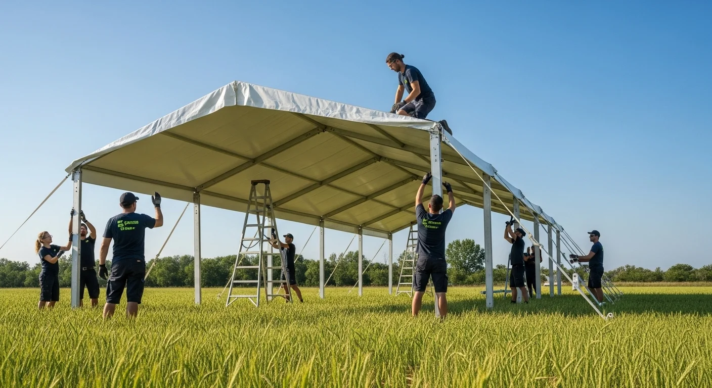 Equipo de profesionales realizando el montaje de una gran carpa tipo estructura para un evento corporativo en un campo abierto.