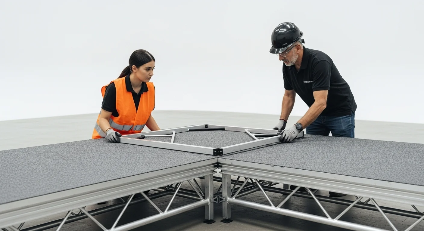 Equipo técnico realizando el montaje de una tarima modular con alfombra gris para un evento corporativo.