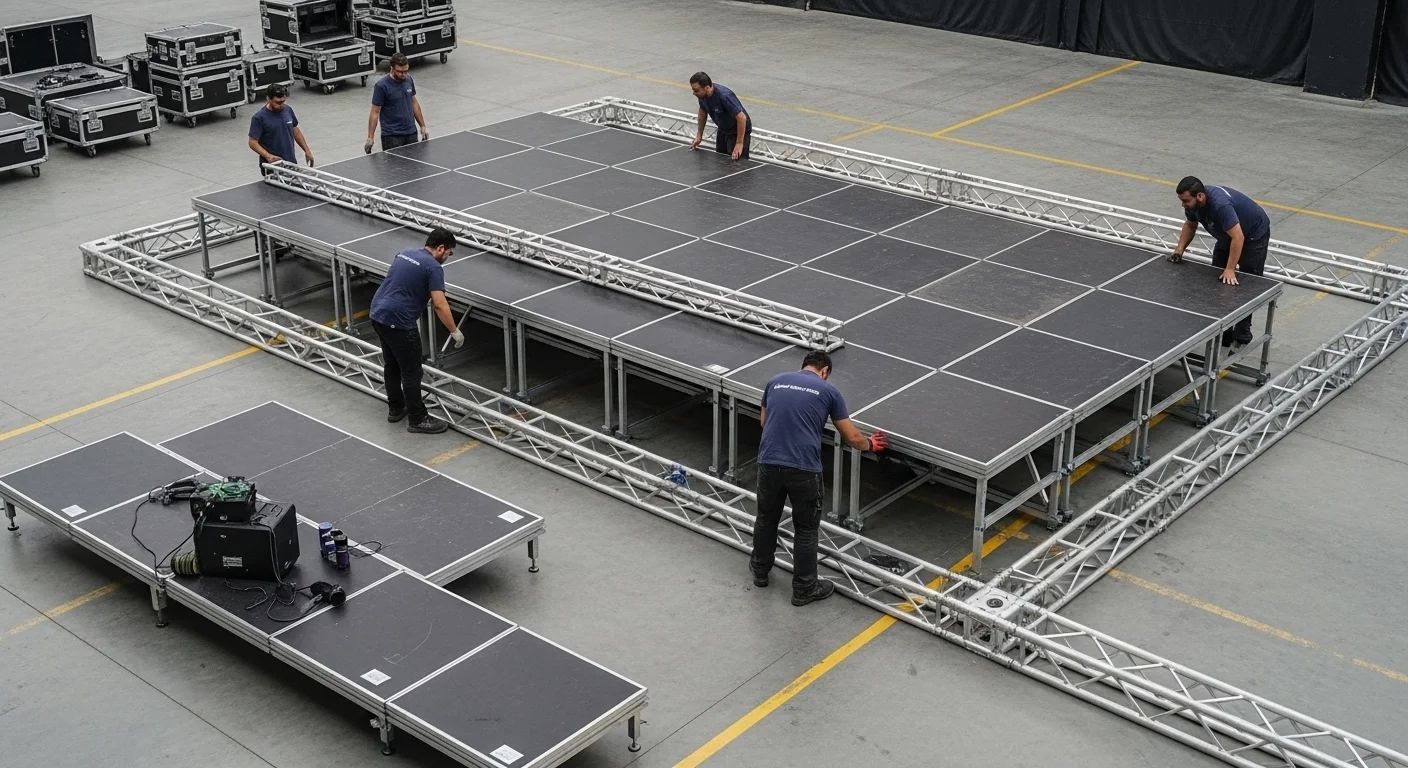 Equipo técnico profesional durante el montaje de un escenario modular para un evento corporativo, mostrando la estructura de aluminio y las plataformas.