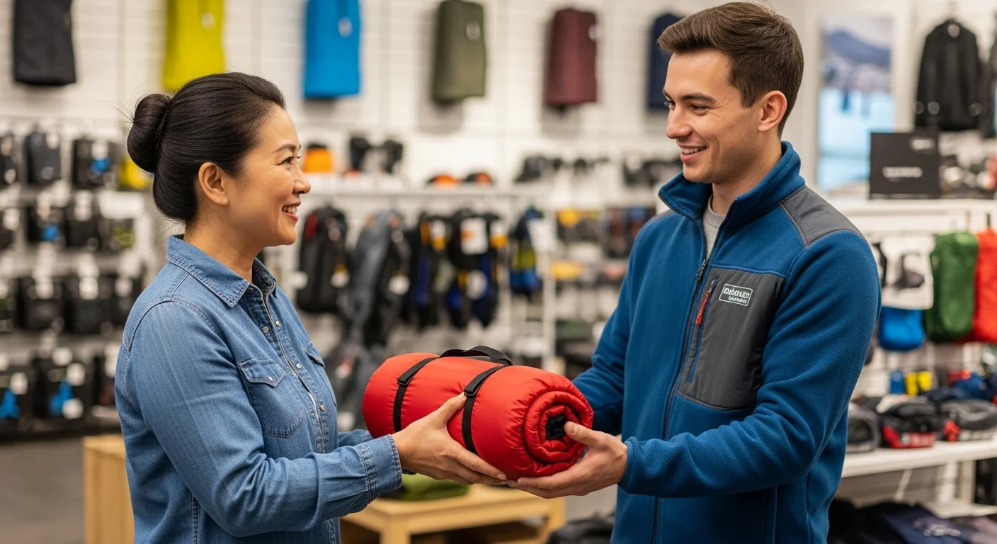 Una mujer sonriente en una tienda de equipo de montaña, recibiendo un saco de dormir enrollado de un empleado experto.