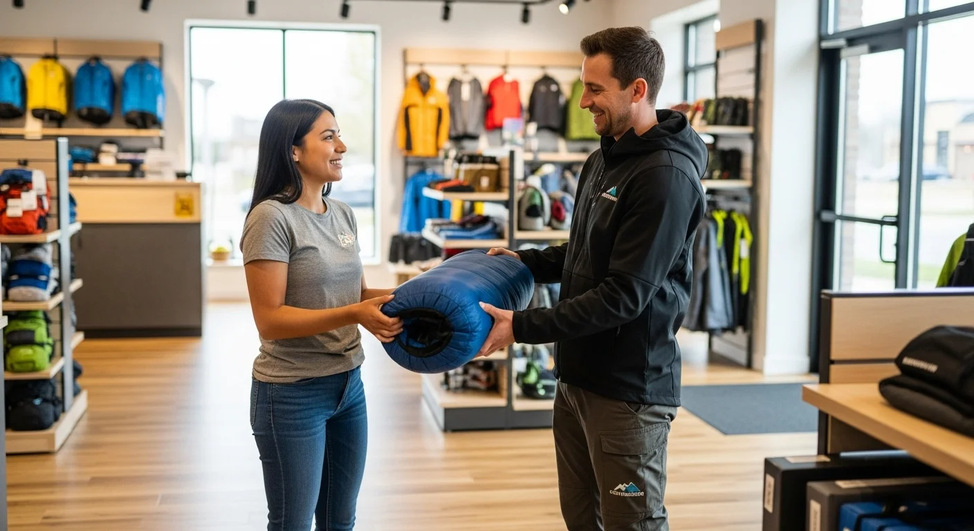 Una mujer sonriente en una tienda de equipo de montaña, recibiendo un saco de dormir de alquiler de un empleado.
