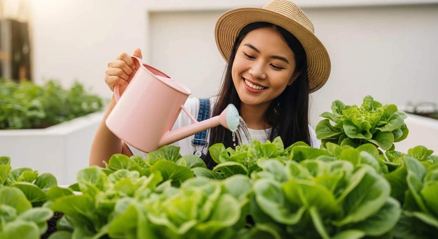 Una mujer joven sonriendo mientras riega con una regadera las plantas de lechuga en su soleada parcela de un huerto urbano de alquiler.
