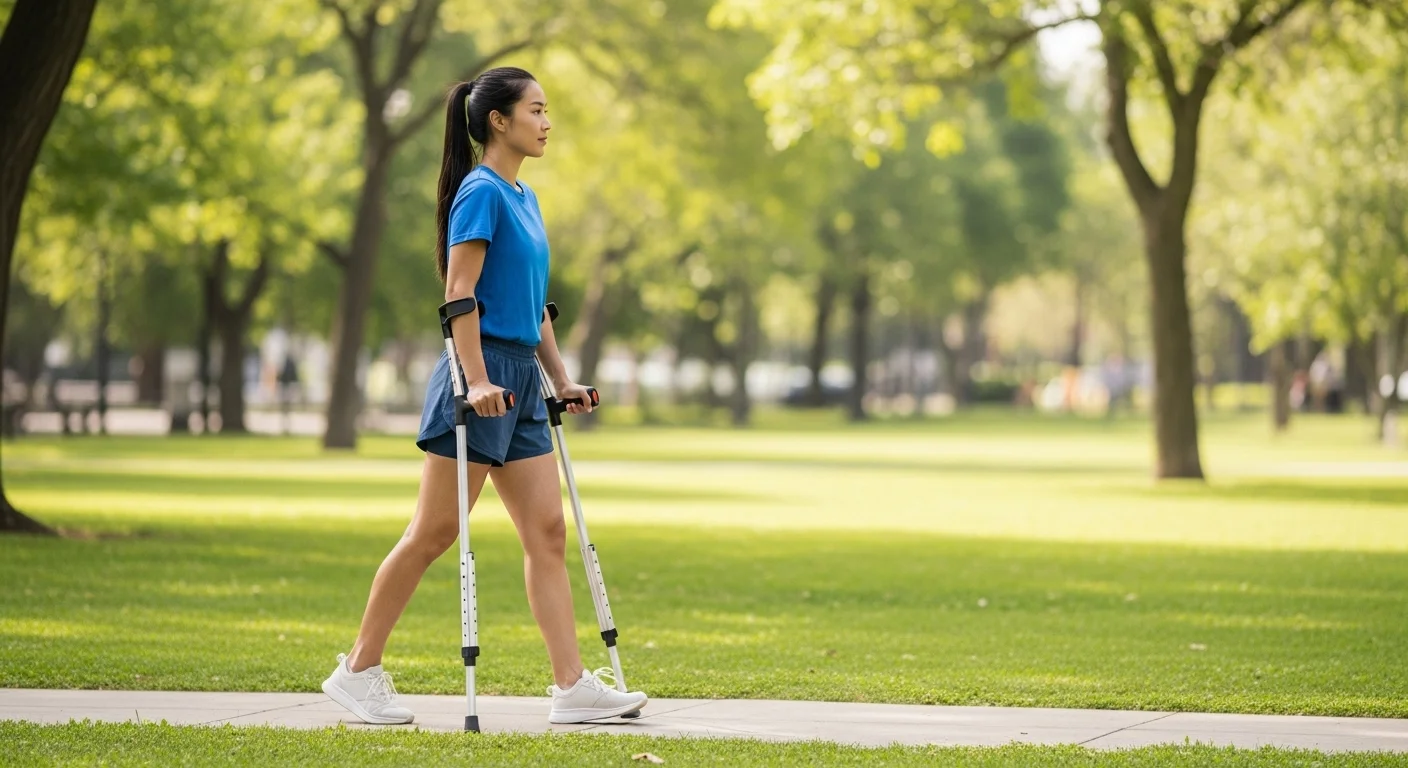 Mujer joven caminando con confianza en un parque utilizando muletas de antebrazo, mostrando mayor movilidad.