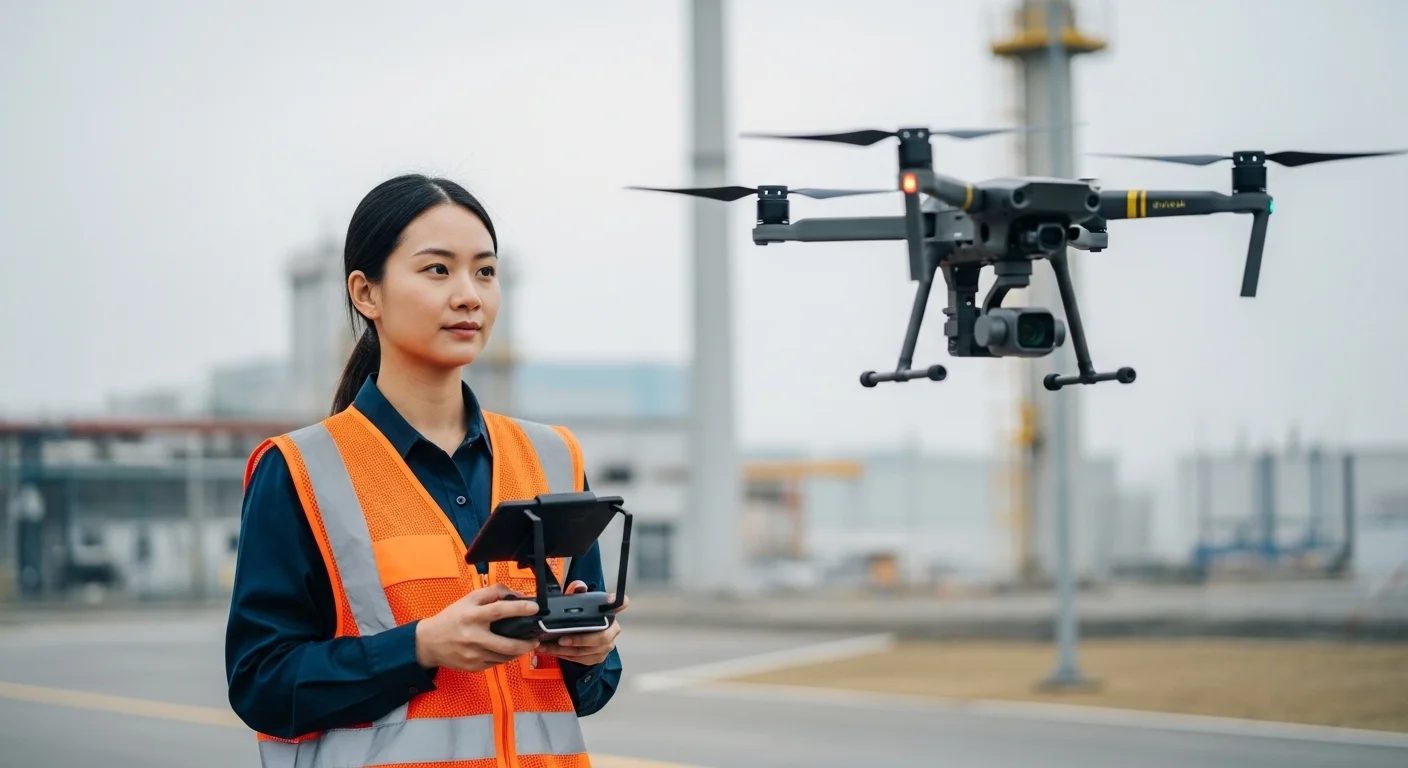 Mujer piloto profesional con chaleco de alta visibilidad operando un dron de alta gama en un entorno industrial, simbolizando el servicio de renta de drones.