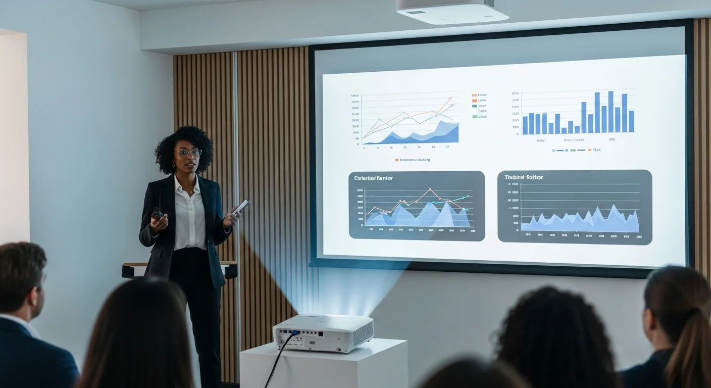 Una mujer de negocios realiza una presentación en una conferencia utilizando un proyector de alta definición alquilado, con gráficos claros en la pantalla.