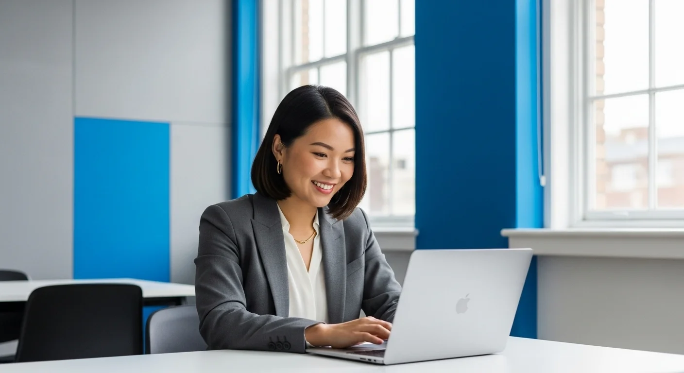 Una mujer profesional sonriendo mientras trabaja en una laptop moderna rentada, sentada en un escritorio limpio en una oficina luminosa y contemporánea.