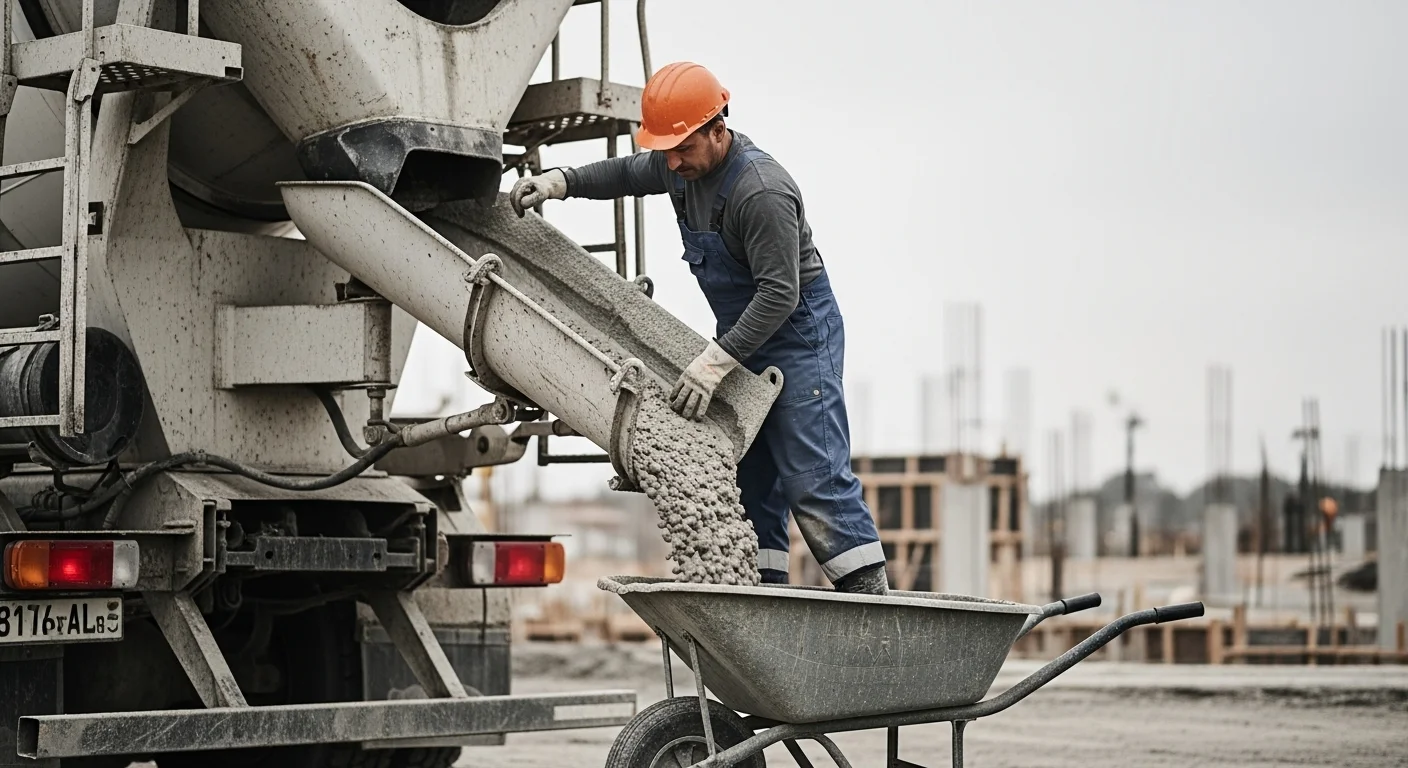 Operador inclinando la olla de una revolvedora de concreto para vaciar la mezcla fresca en una carretilla, destacando la seguridad y eficiencia.