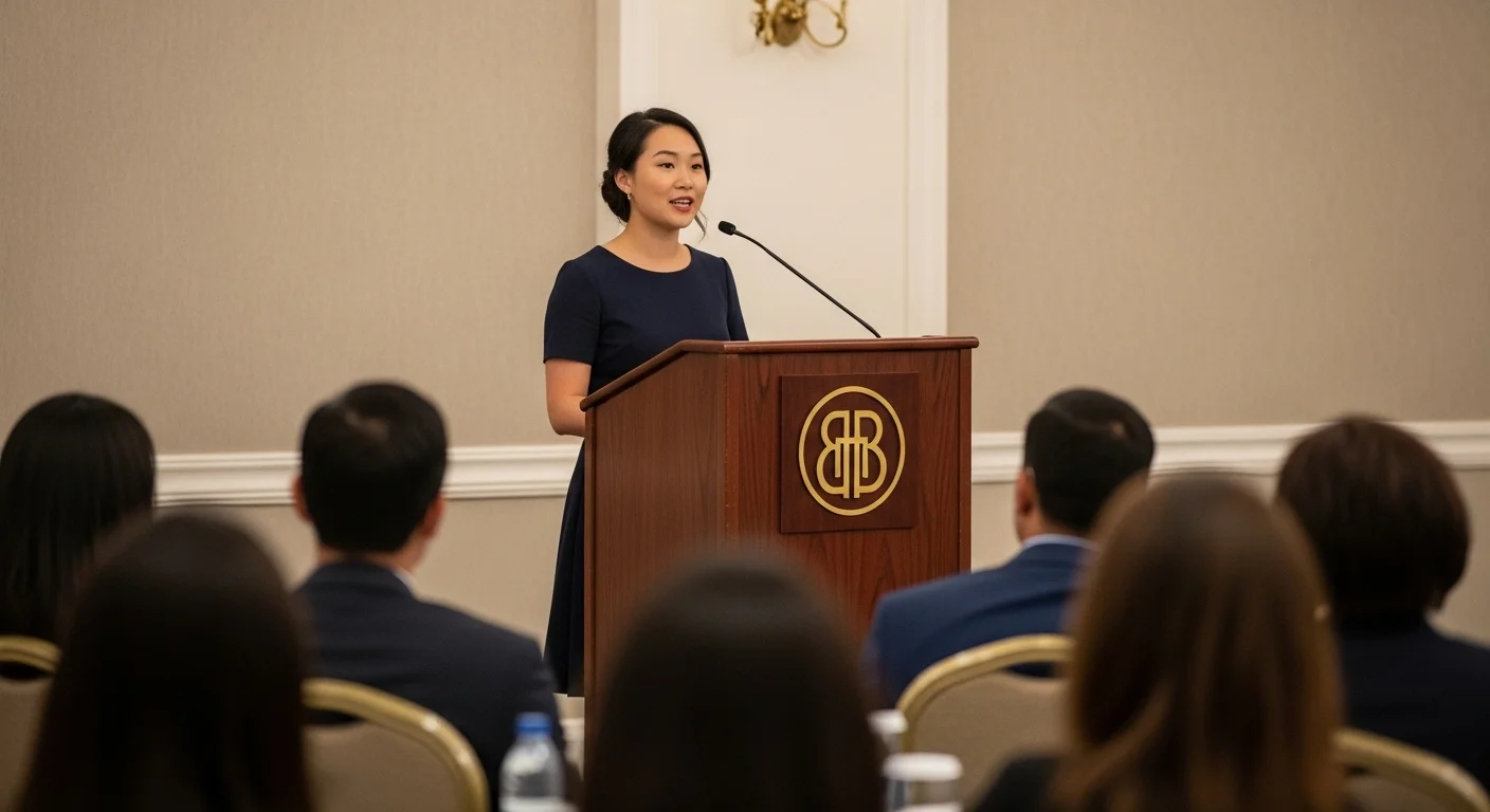 Orador profesional dando un discurso desde un podium de madera oscura, personalizado con un logo, frente a una audiencia en un evento formal.