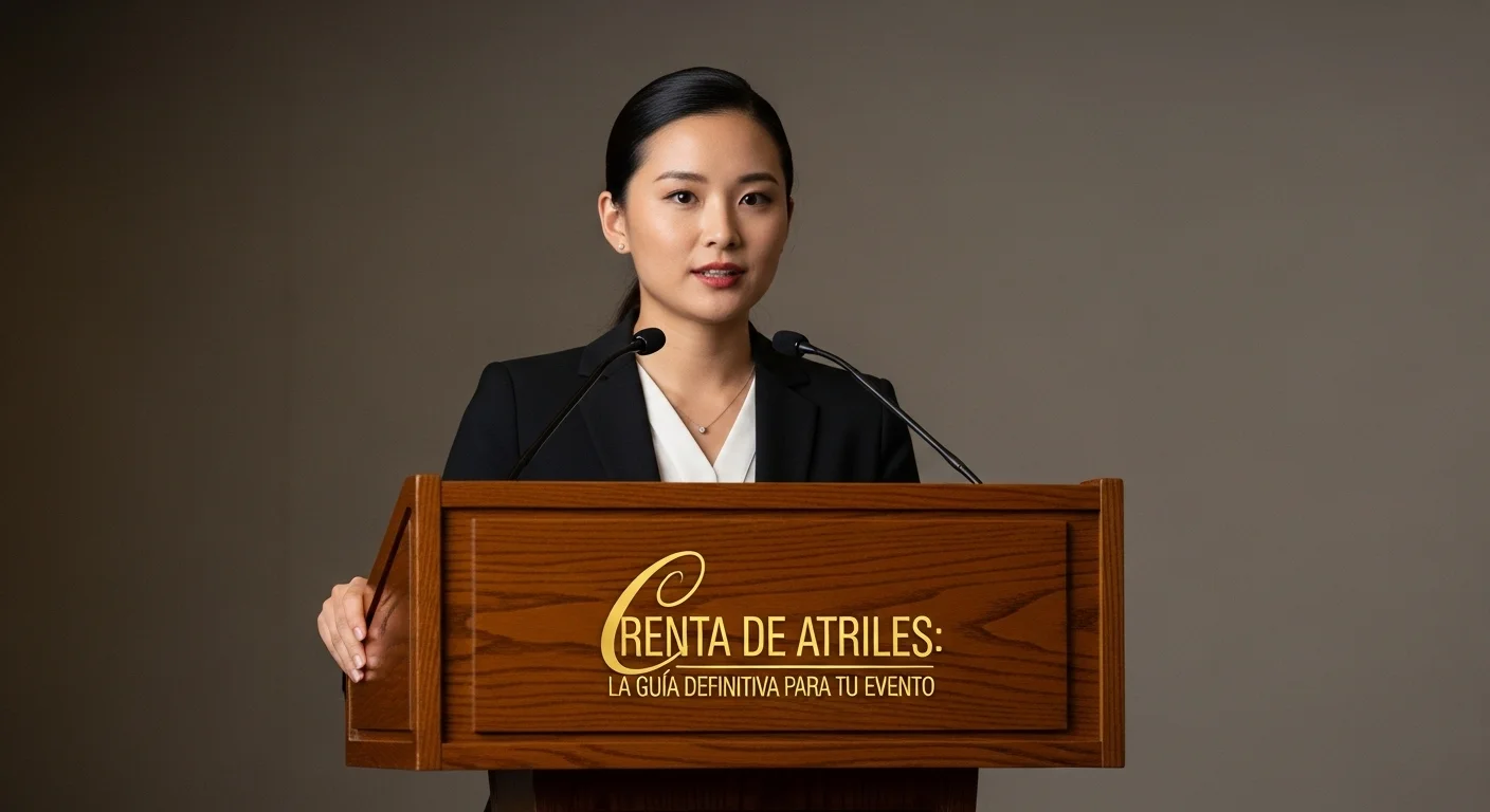 Un orador profesional dando un discurso desde un robusto atril de madera oscura, con el logotipo del evento personalizado en el frente.