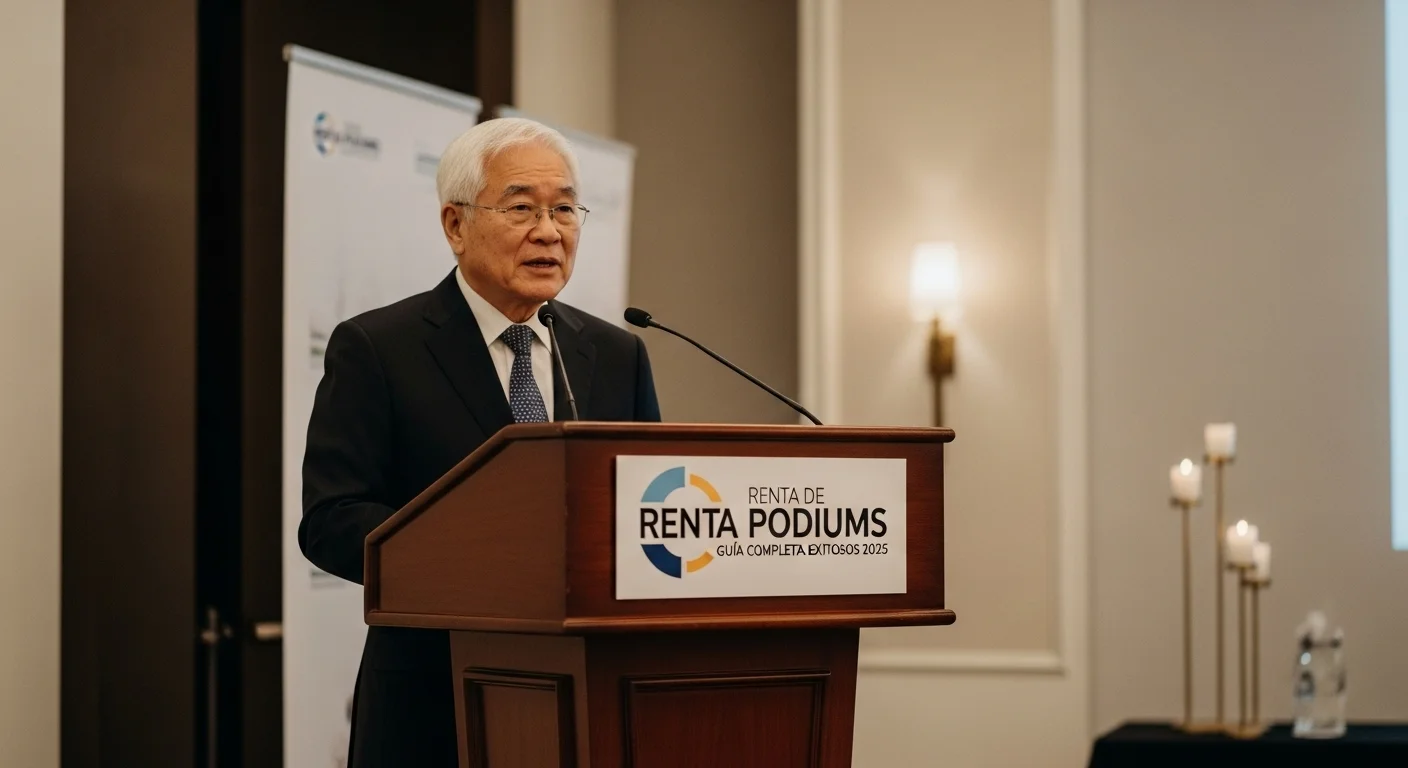 Orador profesional de pie en un podium de madera oscura durante un evento formal, con el logo de la empresa visible en el frente.