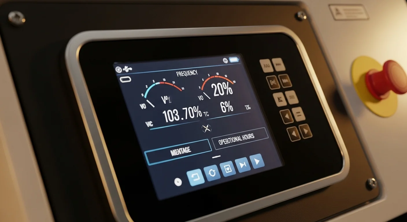 Primer plano del panel de control digital de un generador eléctrico moderno, mostrando lecturas de voltaje, frecuencia y horas de operación.
