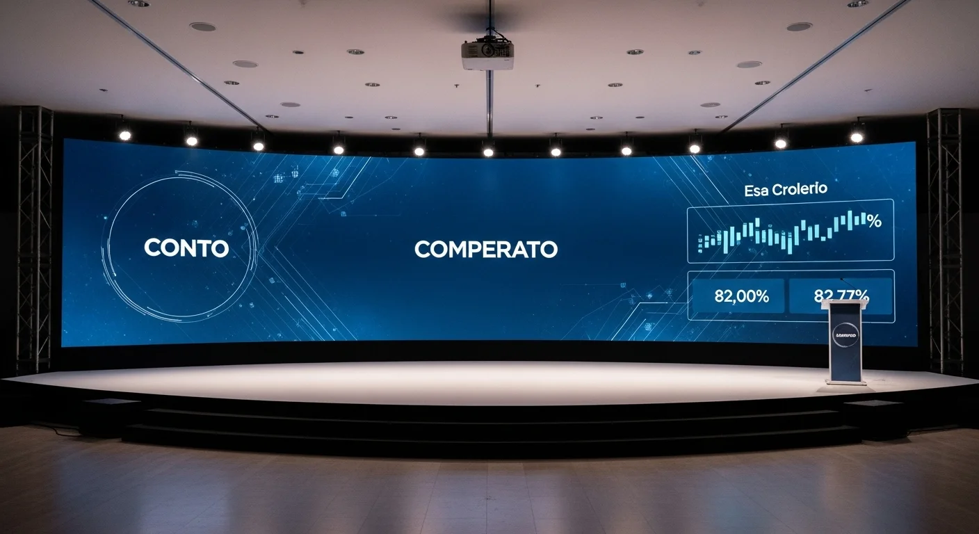 Pantalla LED panorámica de alta resolución como telón de fondo en un escenario de conferencia corporativa, mostrando un logo y datos financieros.