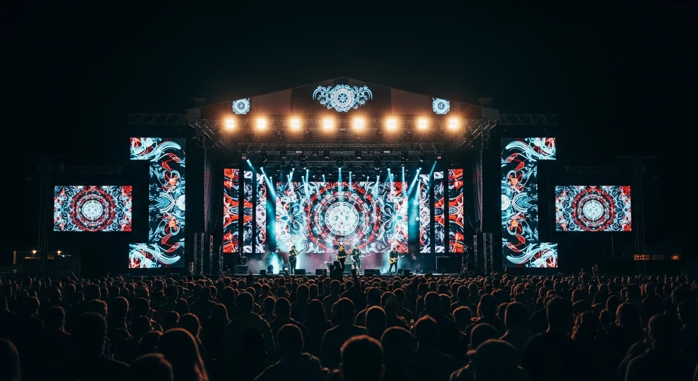 Impresionante pantalla LED gigante mostrando gráficos multicolores de alta definición en un concierto nocturno al aire libre.