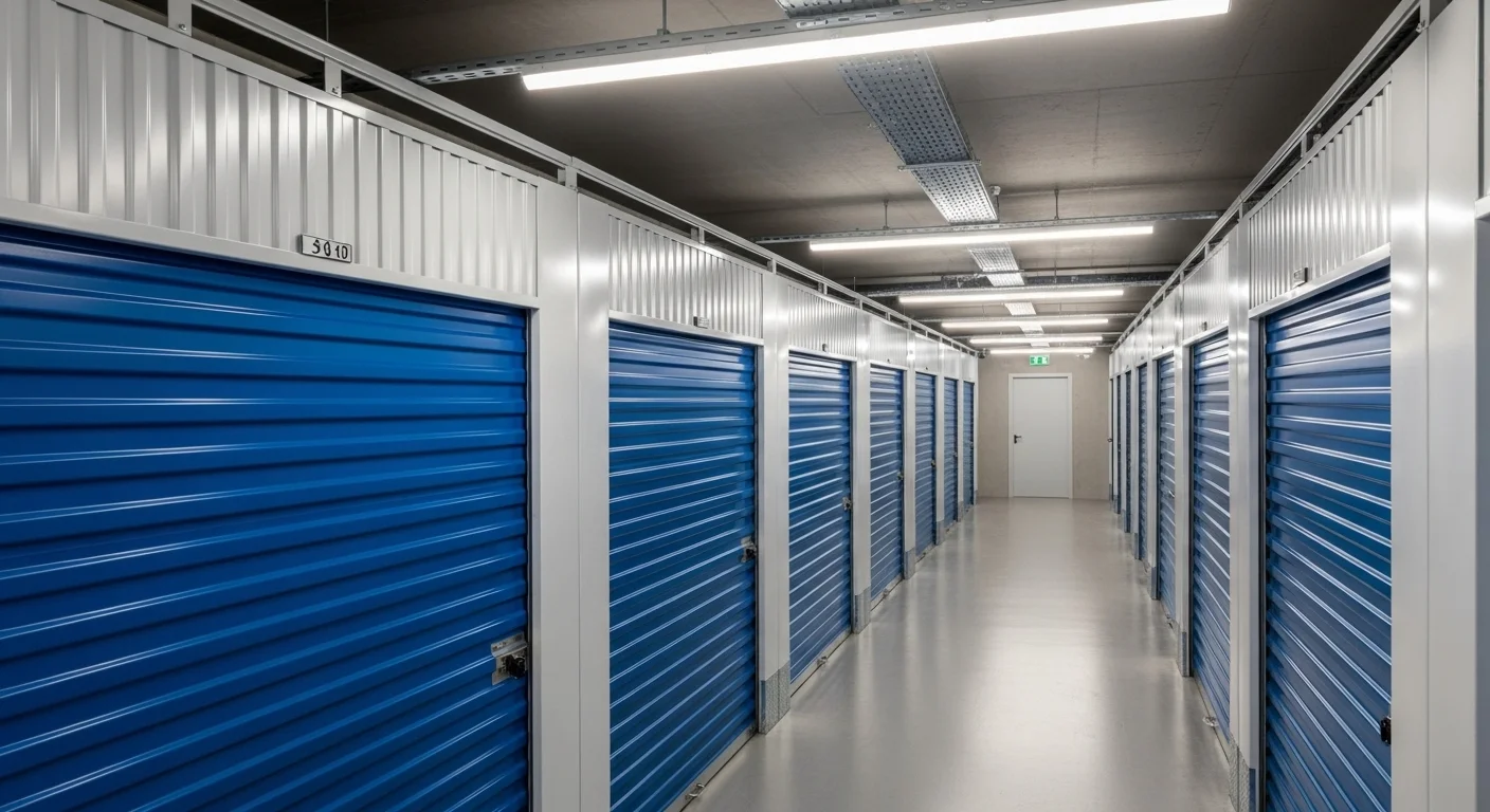 Pasillo largo y bien iluminado de una moderna instalación de autoalmacenamiento, mostrando las puertas metálicas de varias unidades de alquiler.