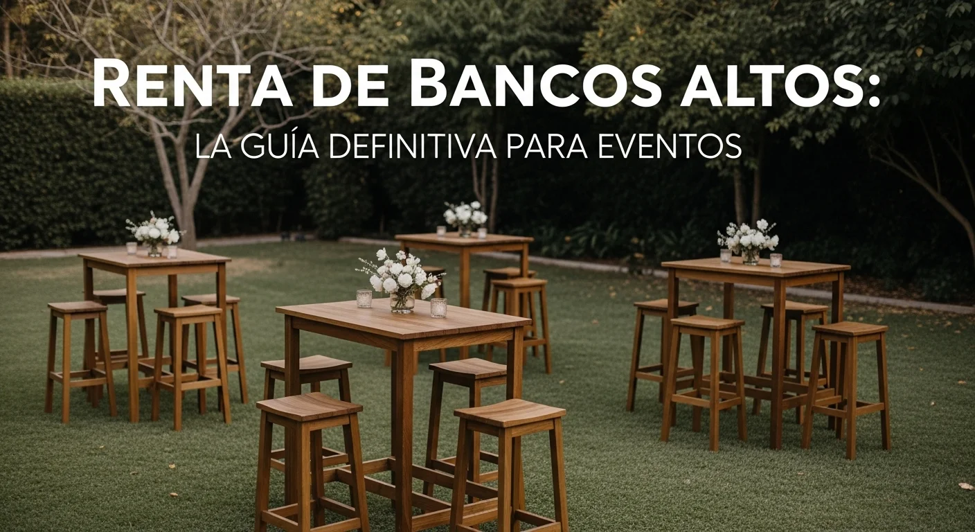 Mesas altas tipo periquera con bancos de madera en un cóctel de boda al aire libre.