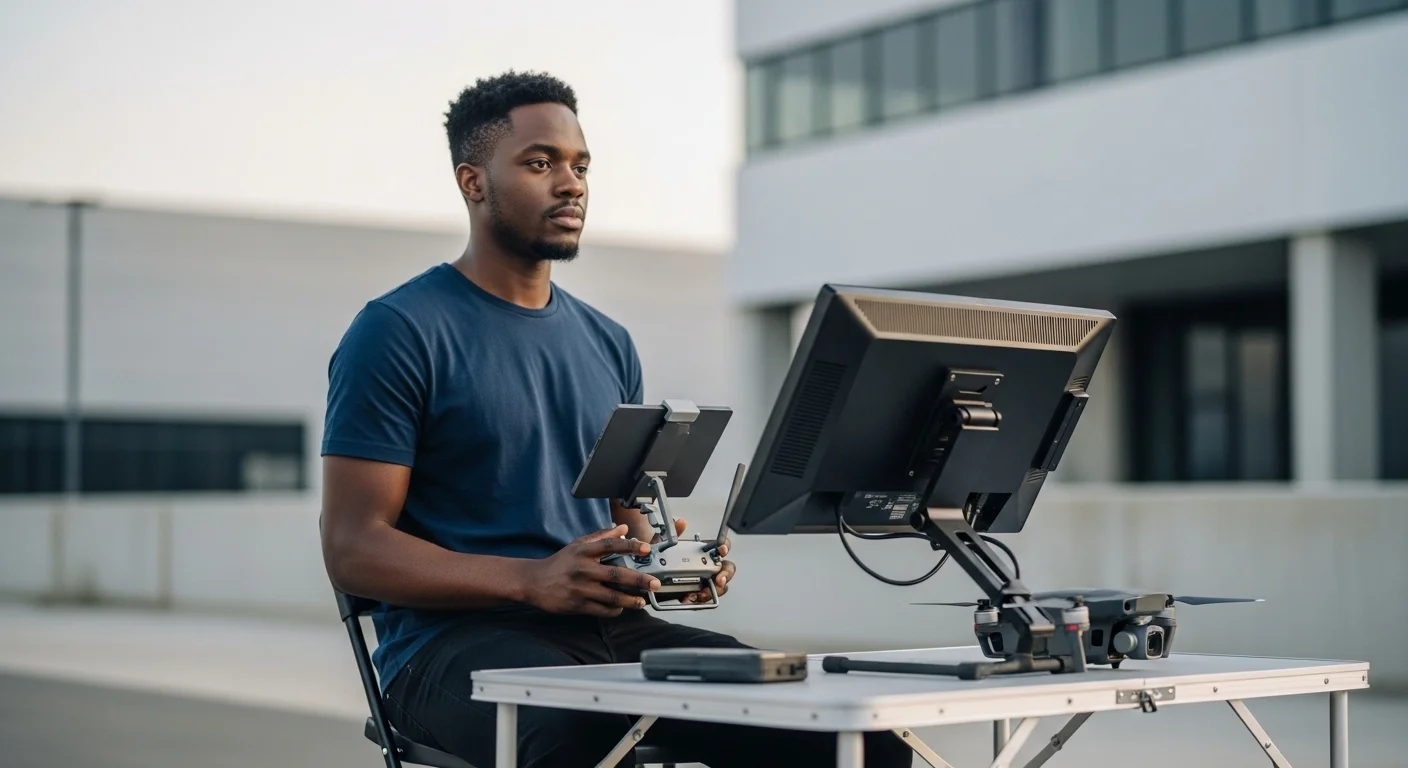 Operador de drones con control remoto y monitor externo preparando un vuelo para un proyecto de inspección industrial.