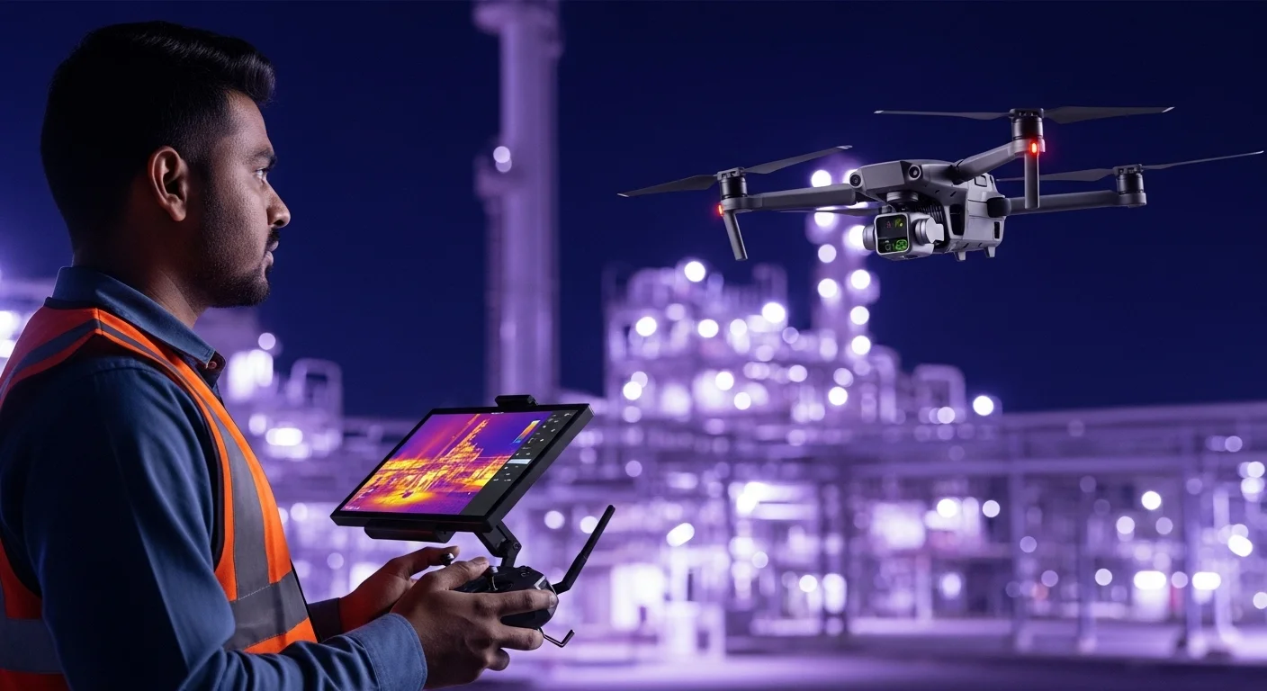 Piloto de dron certificado operando un DJI Matrice 30T para una inspección térmica de una planta industrial, mostrando la profesionalidad en la renta de drones.