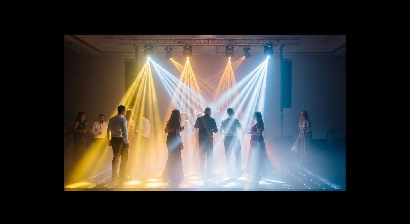 Pista de baile animada con luces robóticas de colores y haces de luz visibles gracias a una ligera neblina.