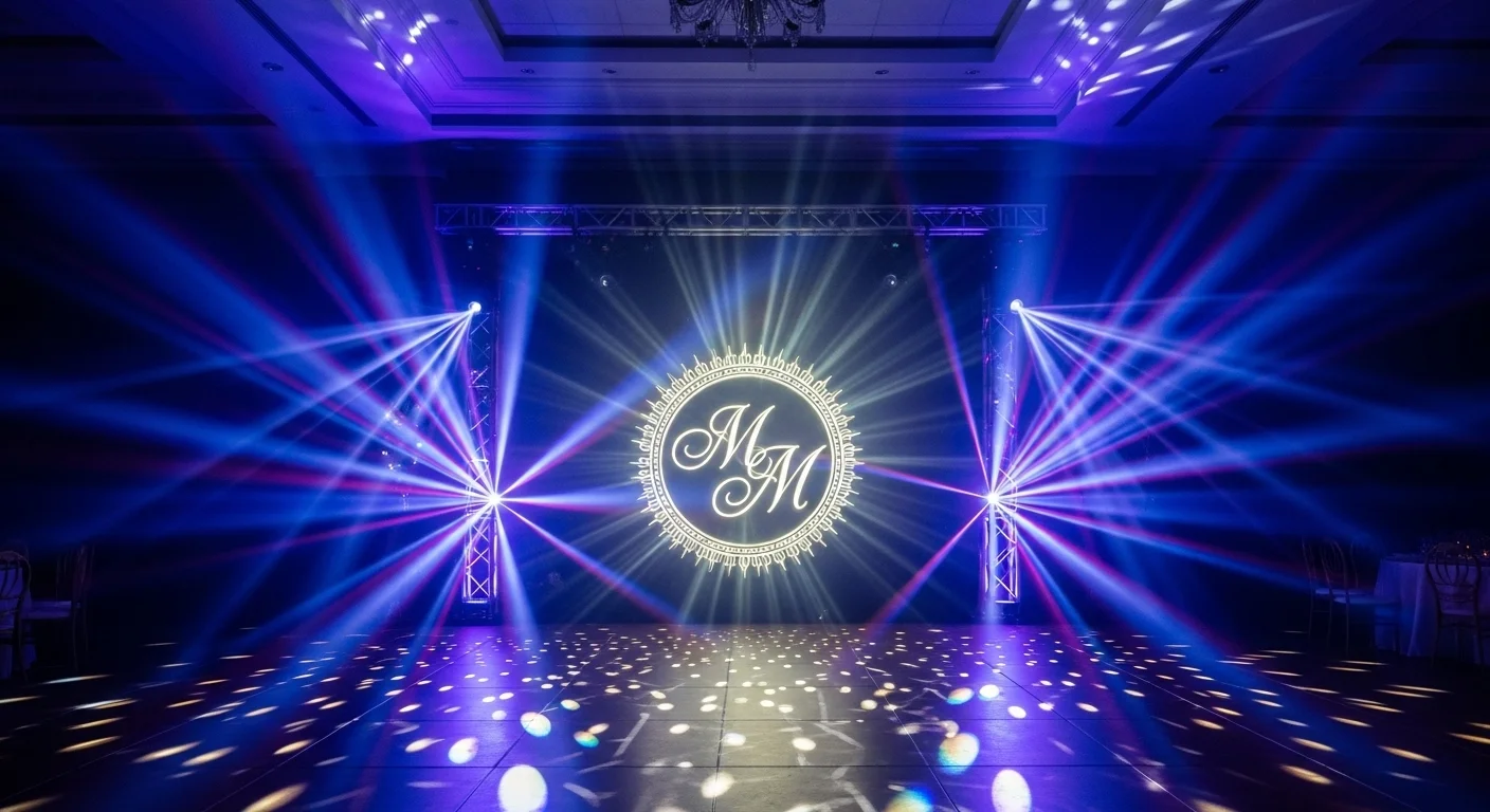 Pista de baile llena de energía con luces robóticas de colores y un gobo proyectando un monograma personalizado en el centro.
