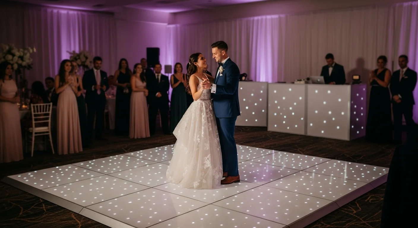 Elegante pista de baile modular con luces LED blancas en una recepción de boda, creando un ambiente mágico y romántico.