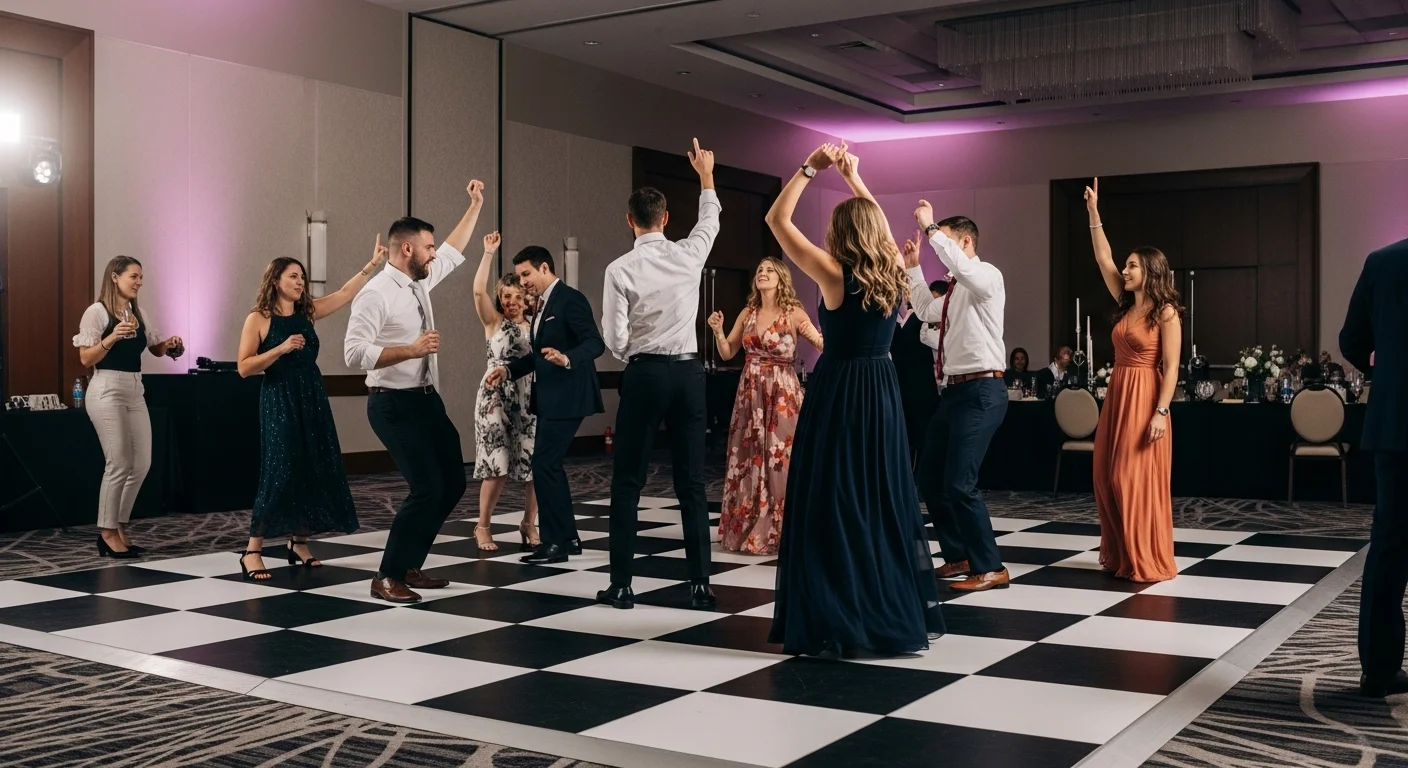 Invitados bailando animadamente sobre una clásica pista de baile modular en blanco y negro (damero) durante una fiesta.