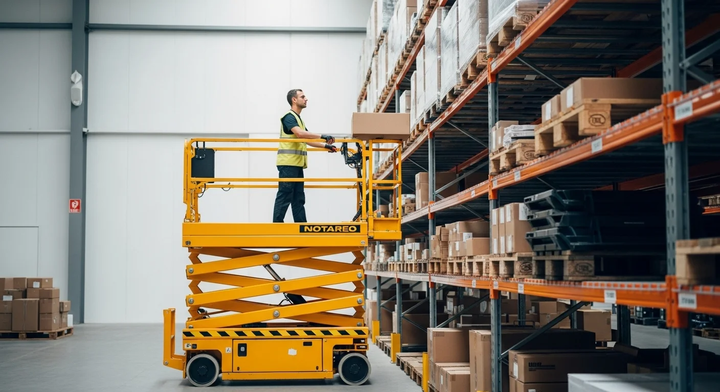 Una plataforma elevadora de tijera eléctrica de color amarillo siendo utilizada por un trabajador en un almacén bien iluminado para alcanzar estanterías altas.