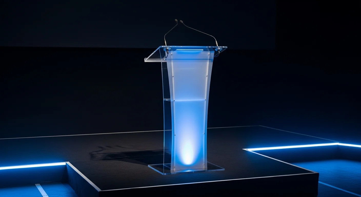Moderno podium de acrílico transparente iluminado con luz azul en un escenario oscuro preparado para una conferencia de tecnología.