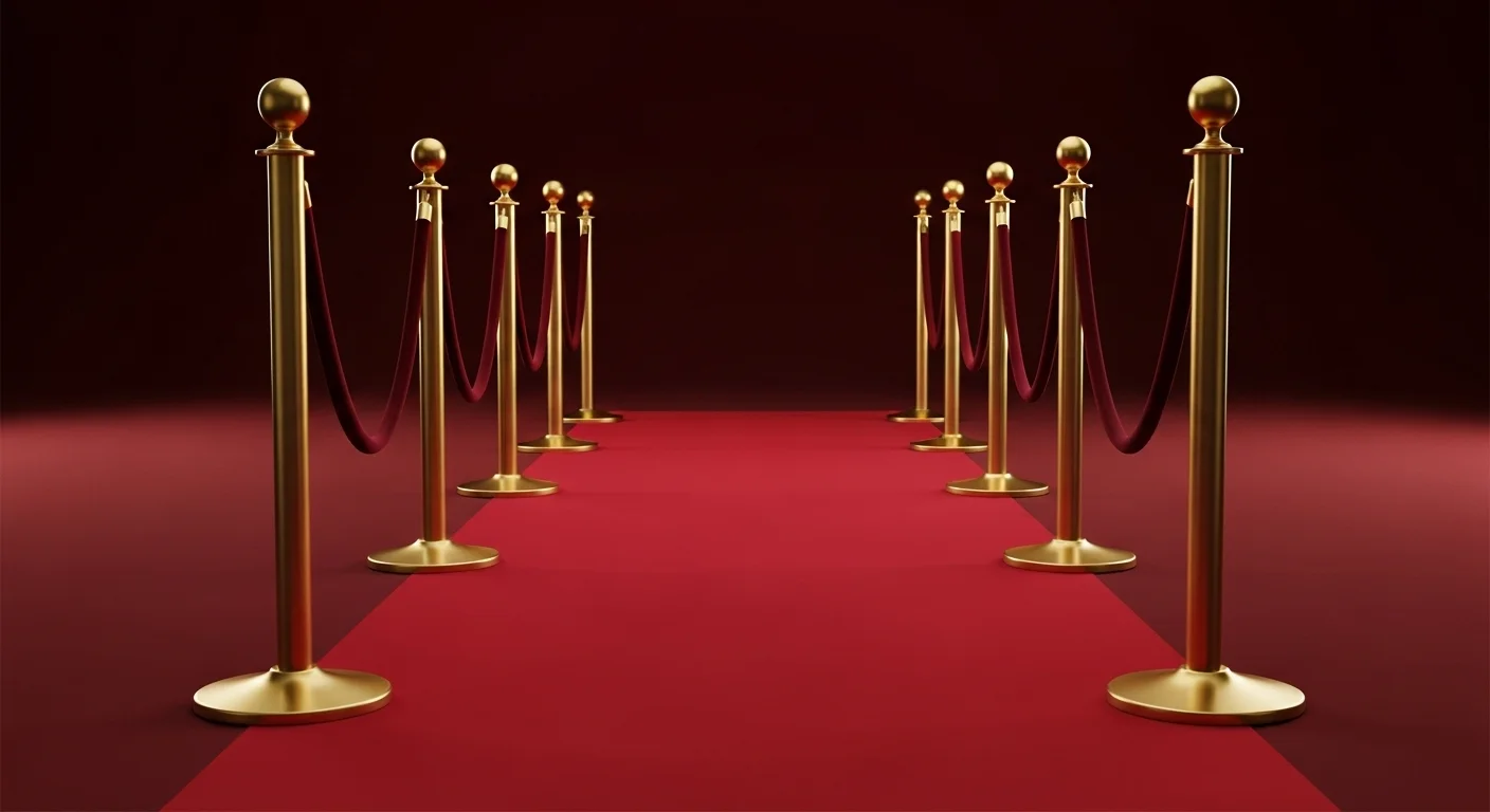 Postes delimitadores dorados con cordón de terciopelo rojo creando un pasillo elegante en una alfombra roja para un evento de gala.