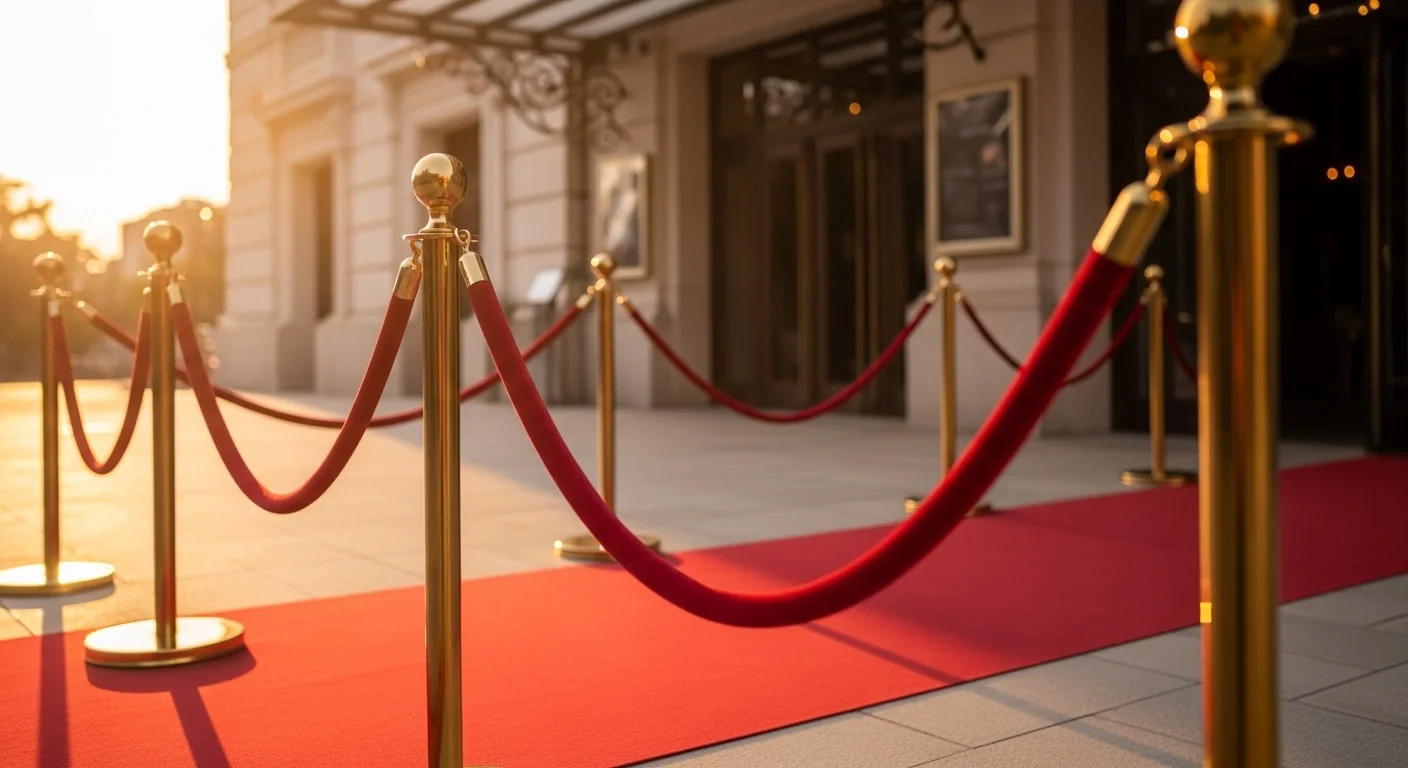 Elegantes postes de unifila dorados con cordón de terciopelo rojo flanqueando una alfombra roja en la entrada de un teatro para una gala.