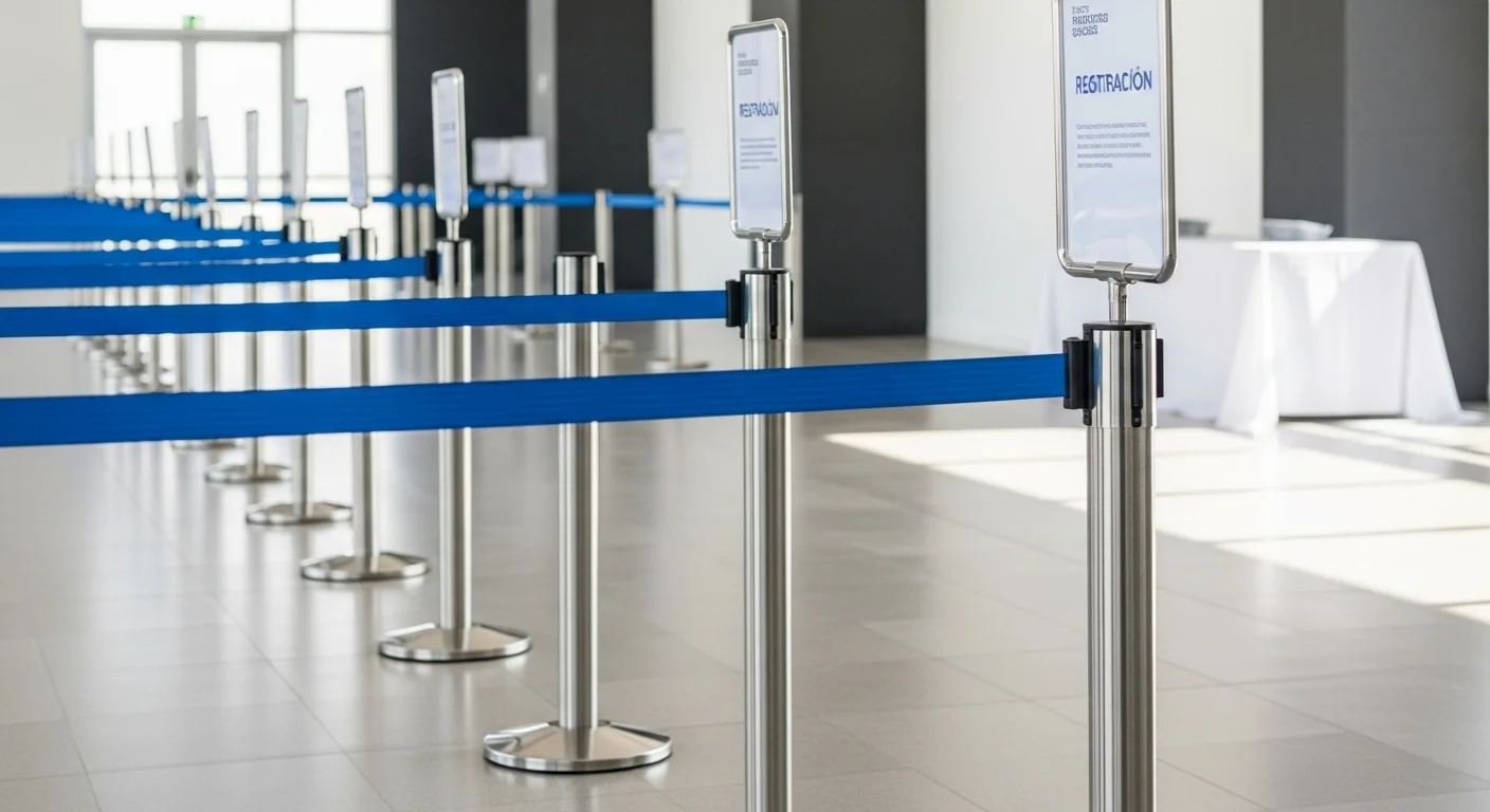 Fila de postes separadores de acero con cinta retráctil azul, guiando a los asistentes en el área de registro de una conferencia.