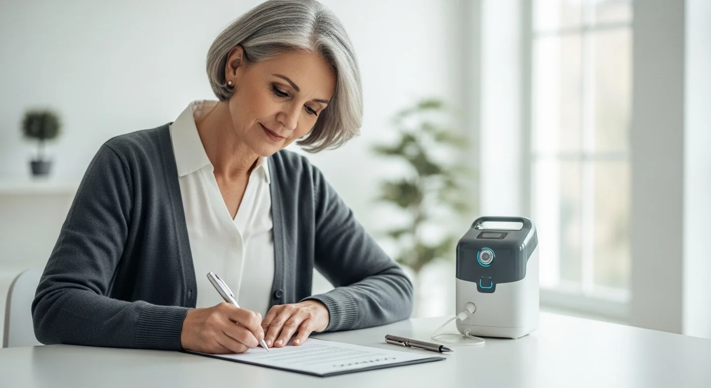 Una persona firmando un contrato de alquiler de equipo médico. Sobre la mesa se ven una pluma, los papeles y un pequeño concentrador de oxígeno portátil al lado.