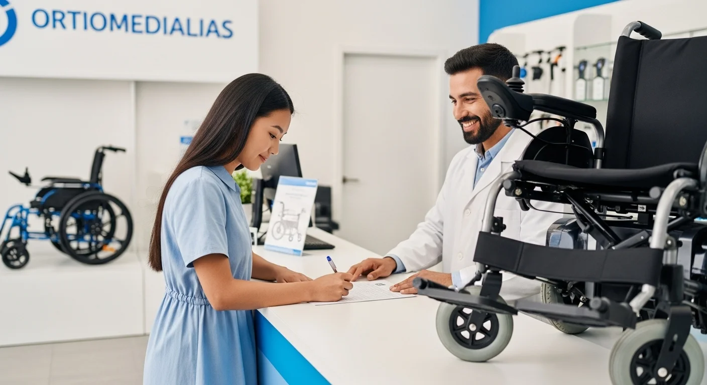 Una persona completando un formulario de alquiler para una silla de ruedas eléctrica en el mostrador de una tienda de ortopedia.