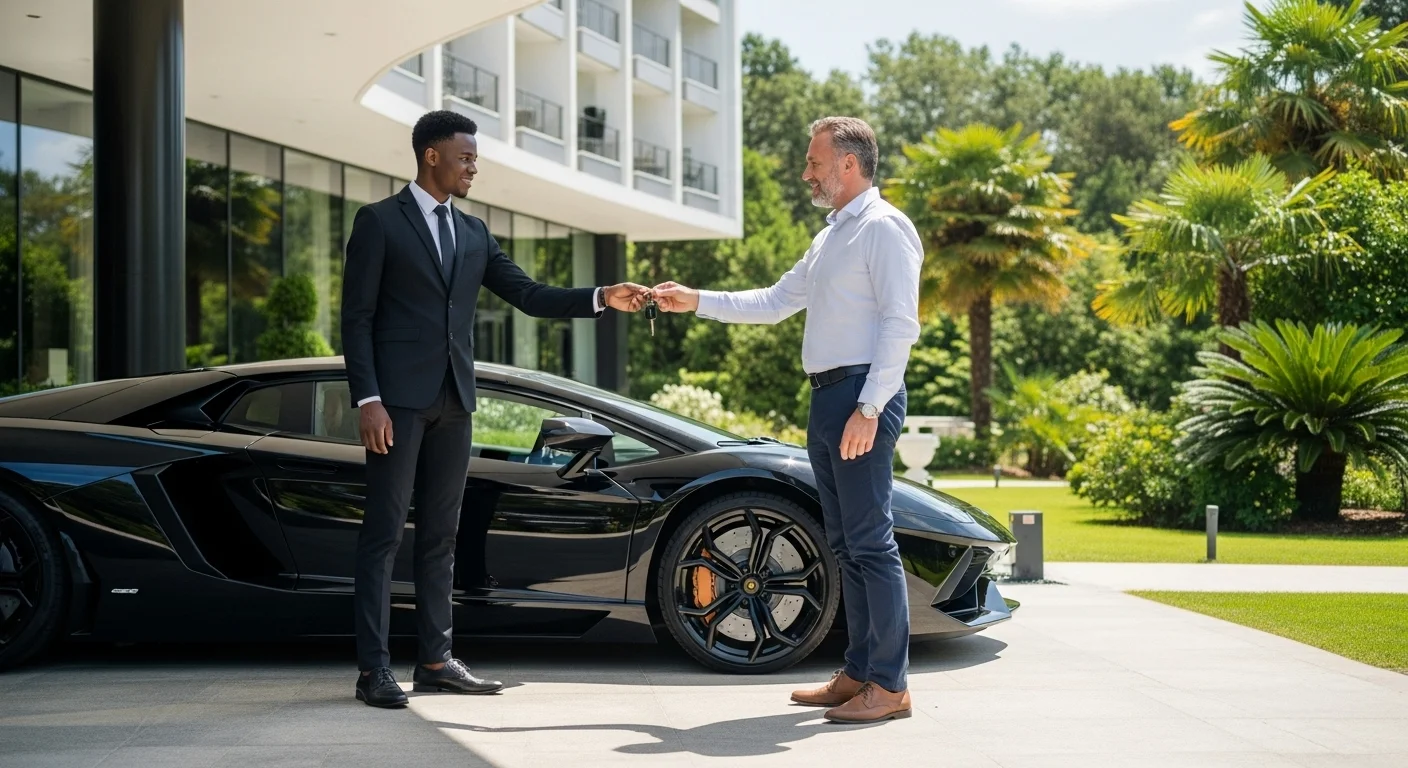 Un agente de alquiler entregando las llaves de un Lamborghini negro a un cliente frente a un hotel de lujo.