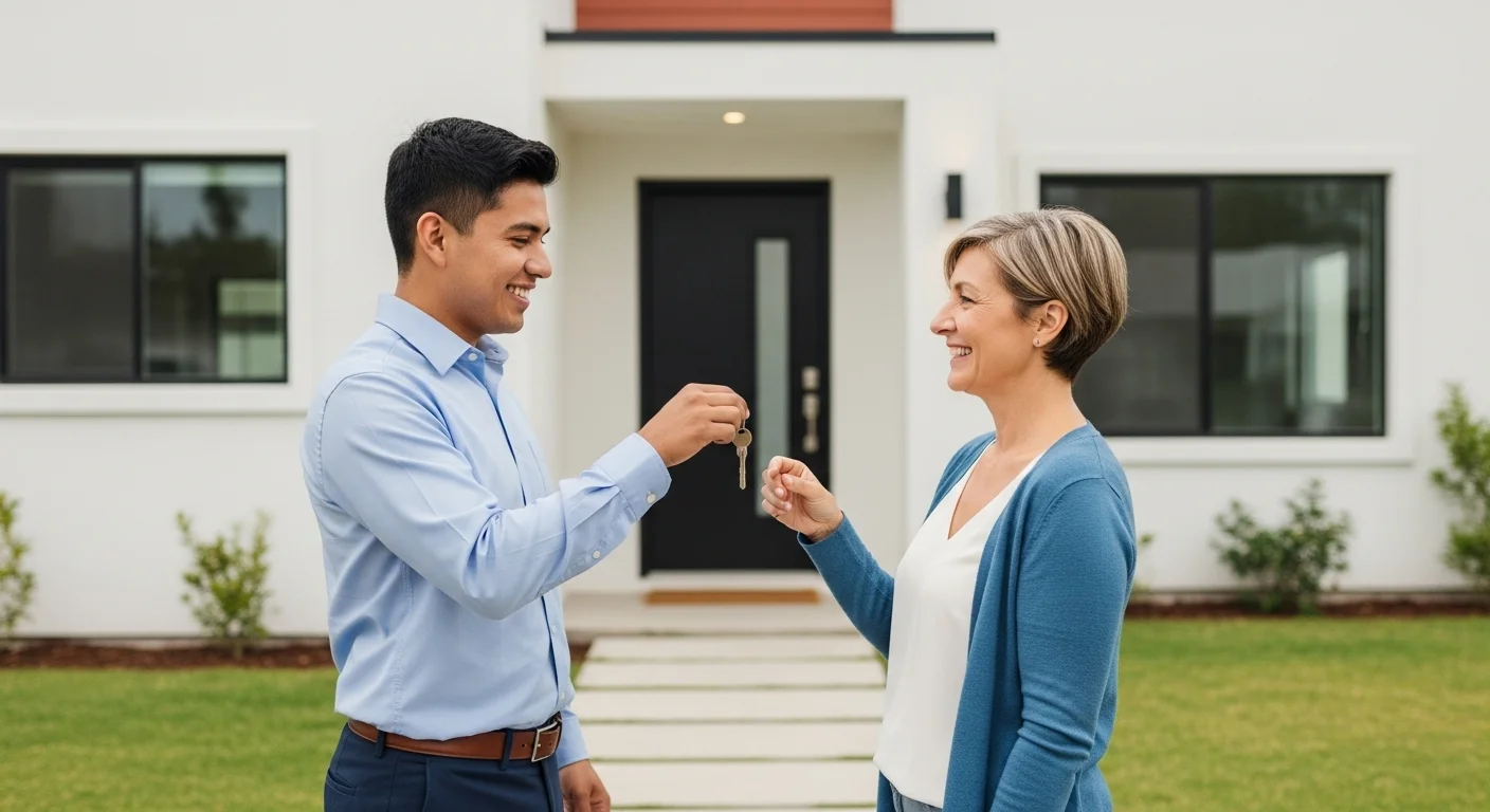 Un propietario sonriente entregando las llaves de una casa a un nuevo inquilino feliz frente a la puerta principal de la residencia.