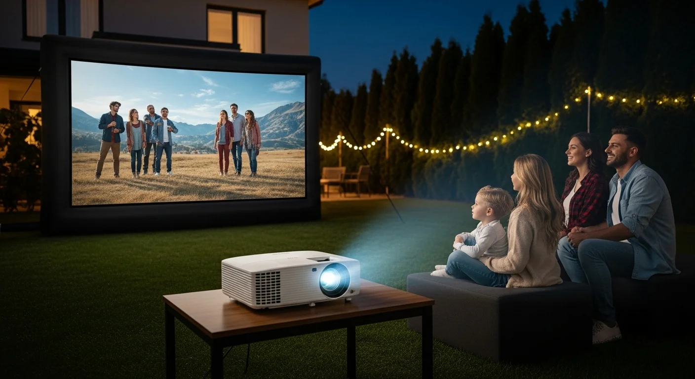 Un proyector 4K rentado sobre una mesa, proyectando una película en una gran pantalla inflable en un jardín durante una noche de cine familiar.