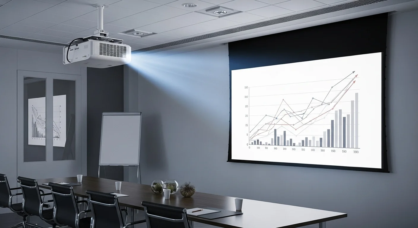 Proyector profesional de alta luminosidad instalado en el techo de una sala de conferencias, proyectando un gráfico en una gran pantalla.