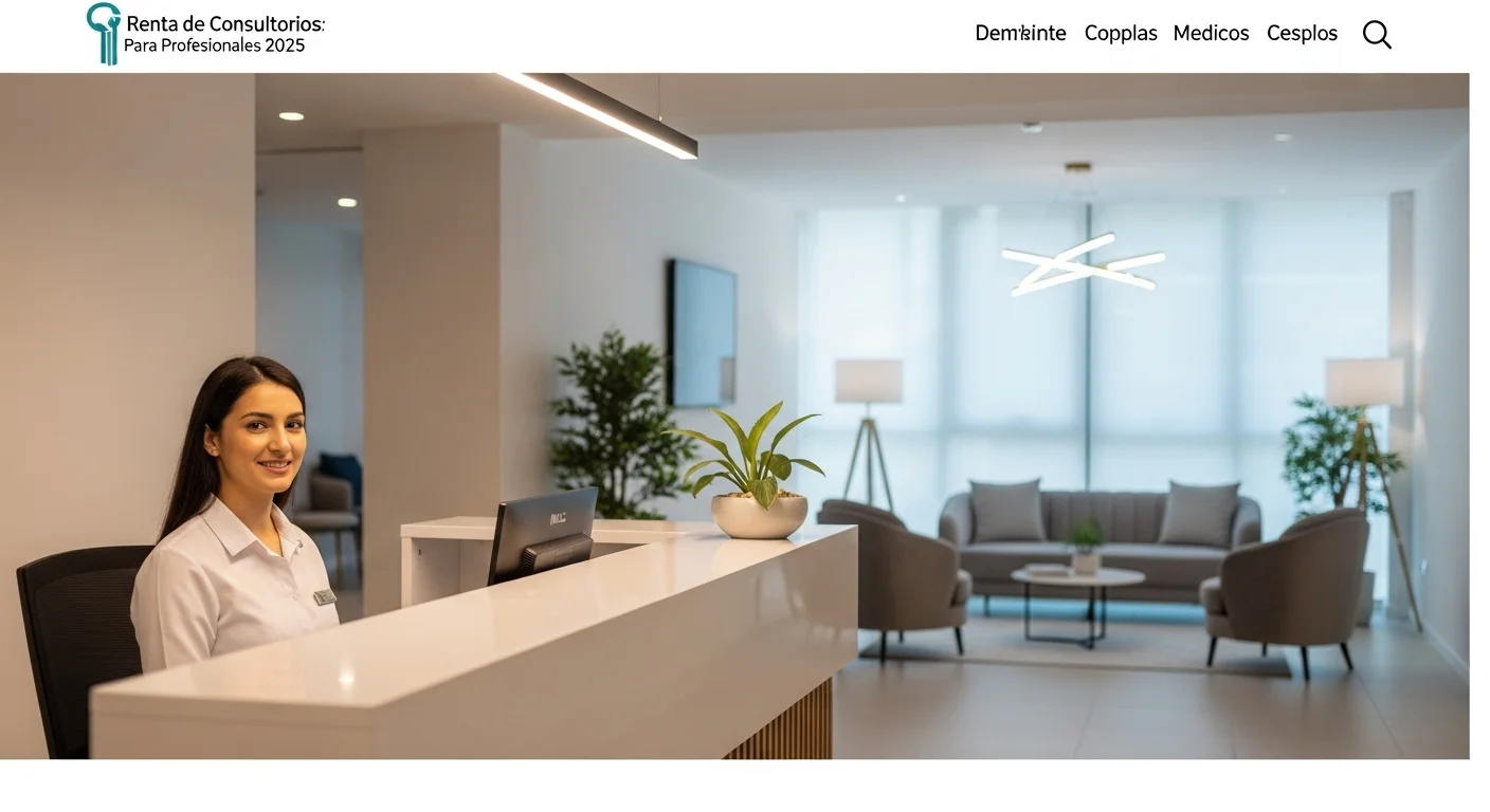 Recepción elegante y profesional de un centro de coworking médico, con un mostrador y una sala de espera confortable, transmitiendo confianza y seriedad.