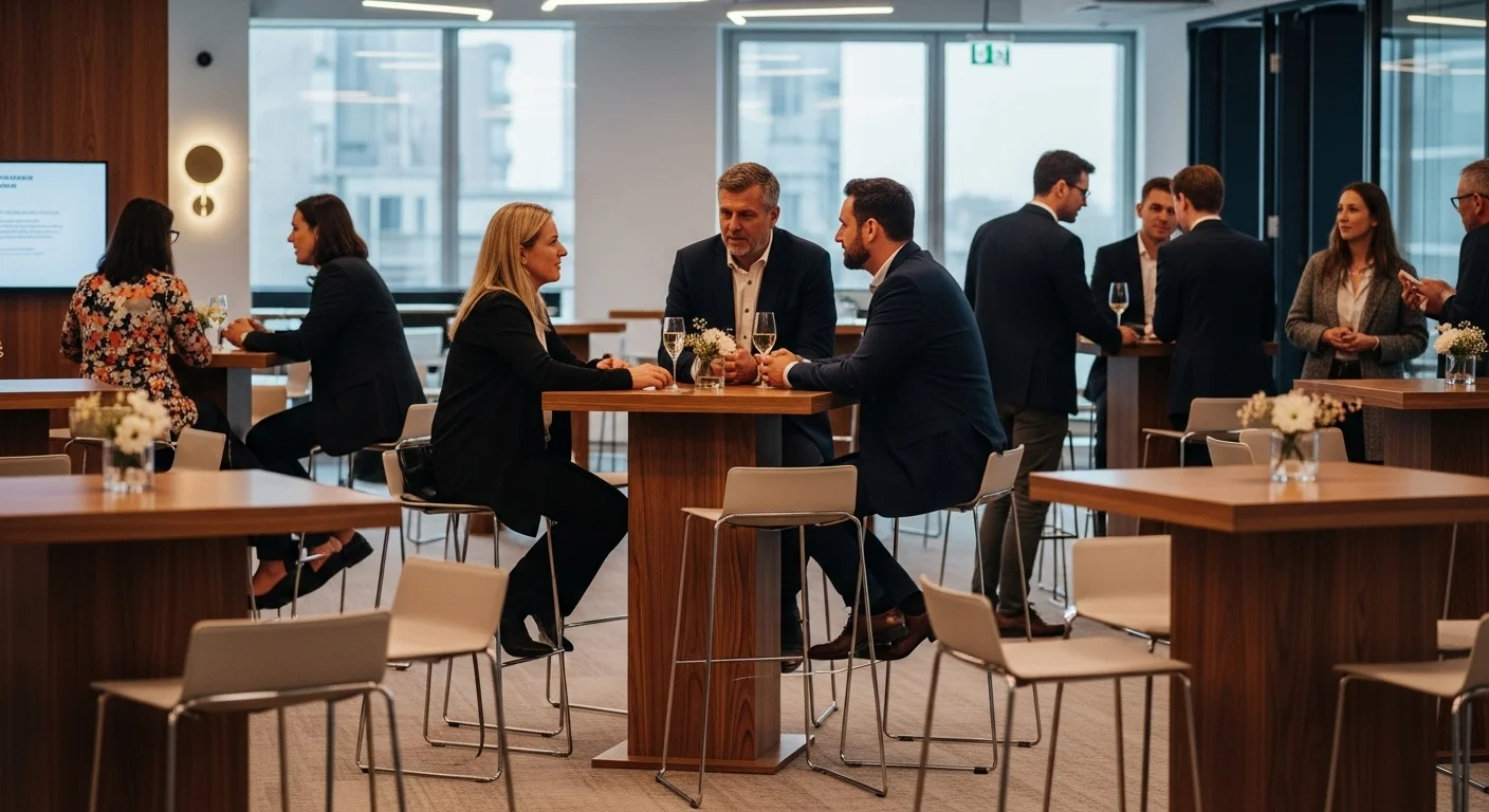Bancos altos de diseño moderno en un evento corporativo, dispuestos alrededor de mesas altas para fomentar el networking.