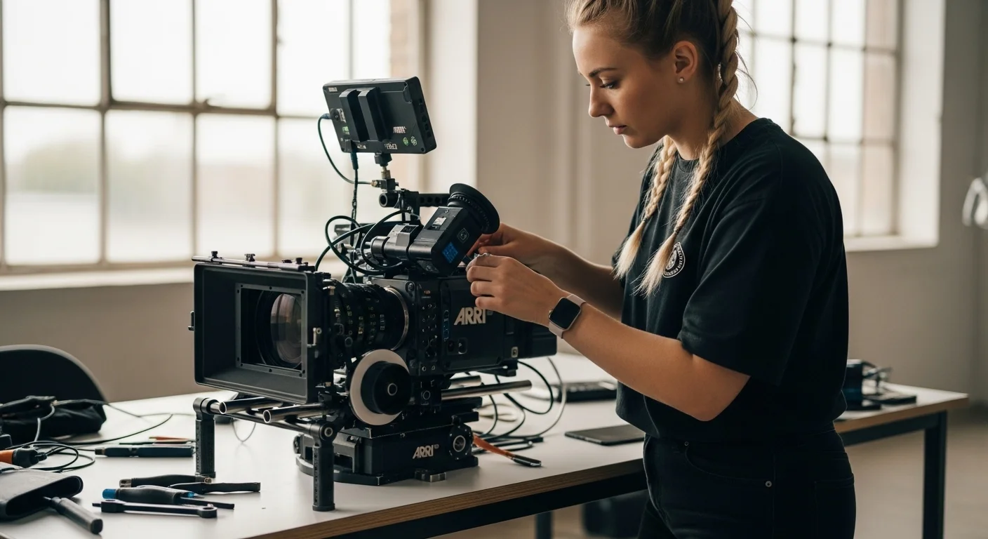 Un asistente de cámara preparando un rig de cámara de cine profesional ARRI sobre una mesa en una casa de renta.