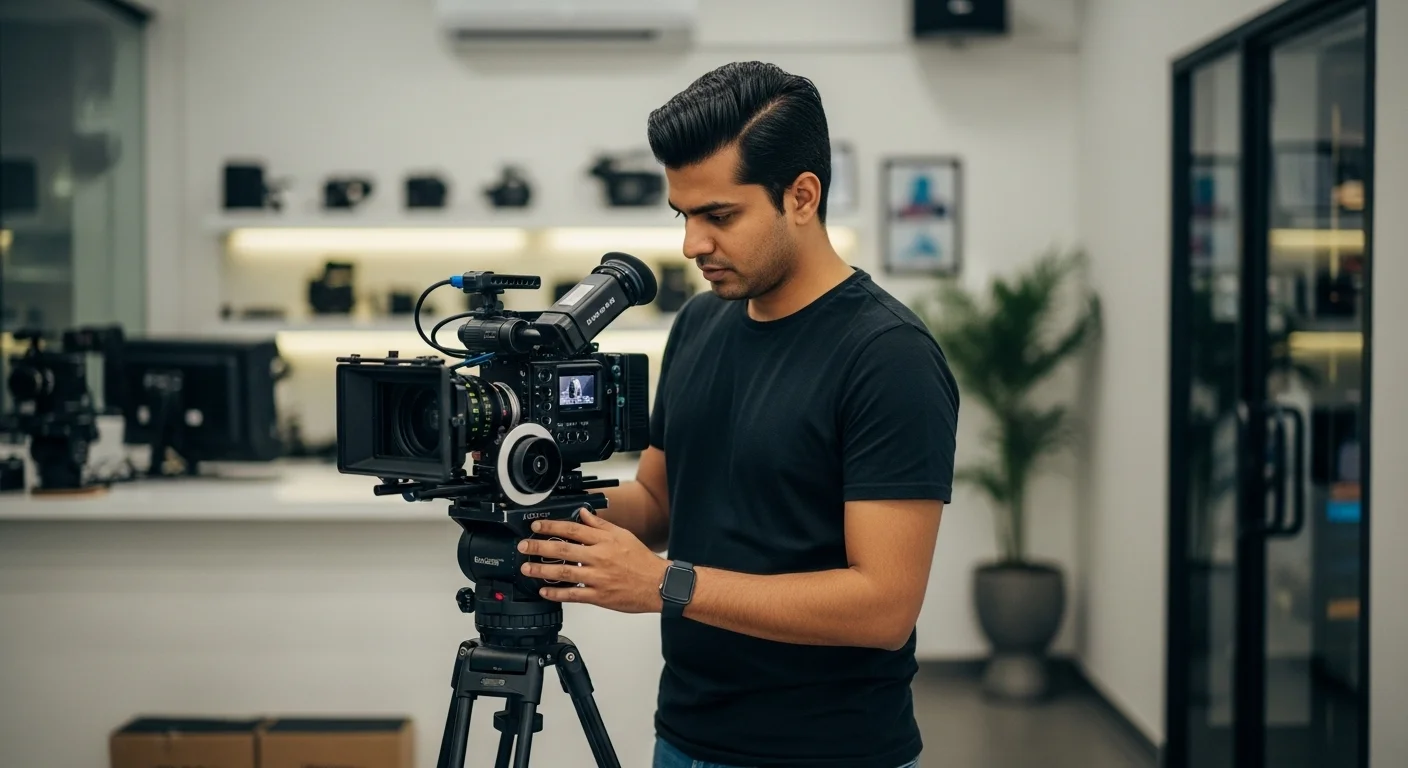 Un cineasta revisando una cámara de cine profesional montada en un trípode dentro de una casa de renta de equipo.