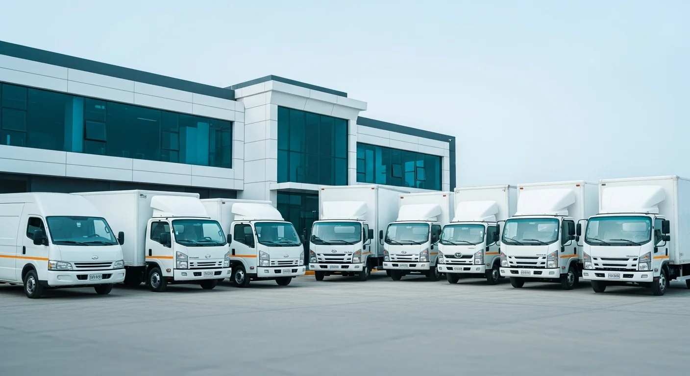 Una fila de varias camionetas de carga blancas y limpias, de diferentes tamaños, estacionadas frente a una oficina de alquiler.
