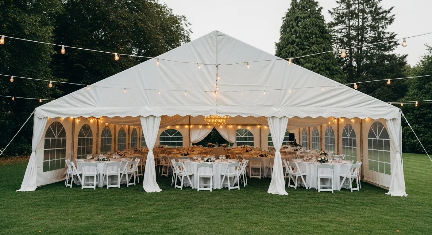 Carpa blanca elegante para una boda al aire libre, decorada con luces cálidas, telas blancas y mesas redondas para los invitados.