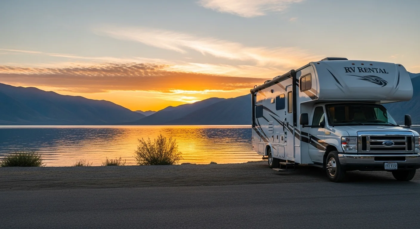Una casa rodante de clase C estacionada frente a un lago con majestuosas montañas de fondo al atardecer.
