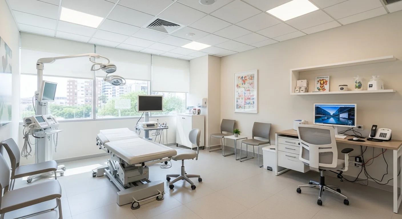 Interior de un consultorio médico moderno y luminoso, listo para ser rentado por profesionales de la salud.