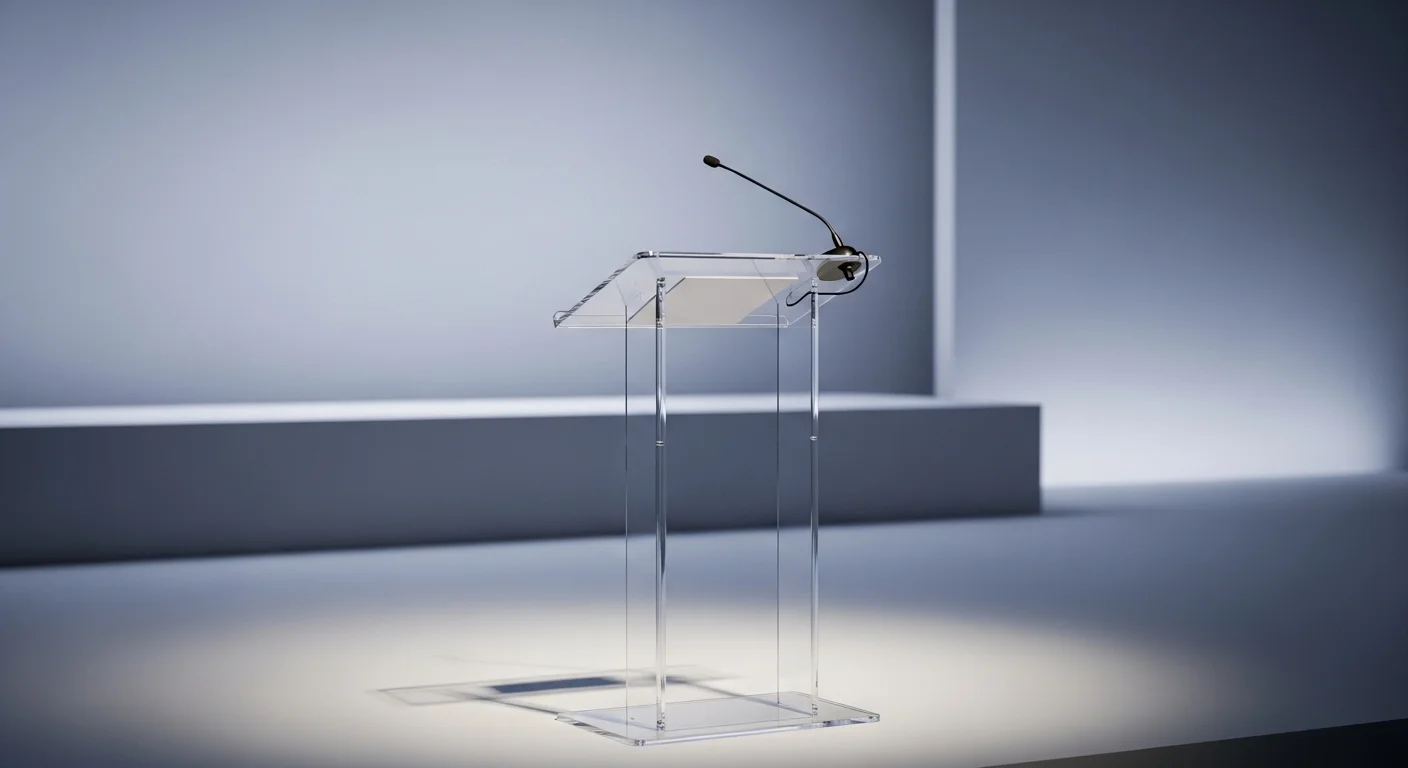 Un elegante atril de acrílico transparente con un micrófono de cuello de ganso instalado en un escenario bien iluminado para una conferencia corporativa.