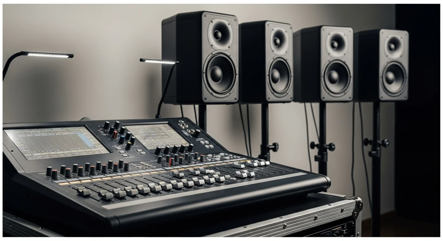 Equipo de sonido profesional con bocinas y mezcladora listo para un evento corporativo.