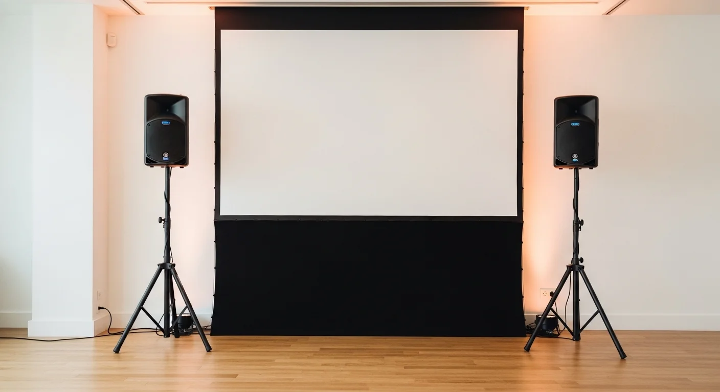 Par de bocinas profesionales en tripies listas para un evento corporativo, flanqueando una pantalla de proyección.