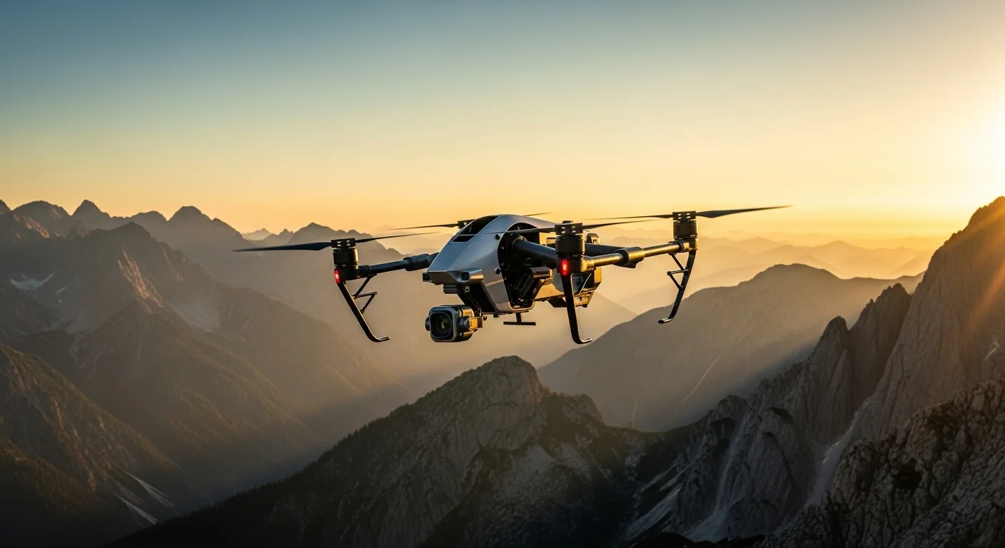 Dron profesional tipo DJI Inspire 3 volando sobre un paisaje montañoso para una filmación cinematográfica al atardecer.
